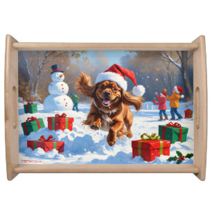 Tibetan Spaniel Running in Snow with Christmas Hat Serving Tray