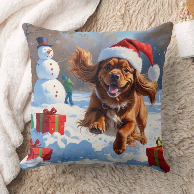 Tibetan Spaniel Running in Snow with Christmas Hat Throw Pillow (Blanket)
