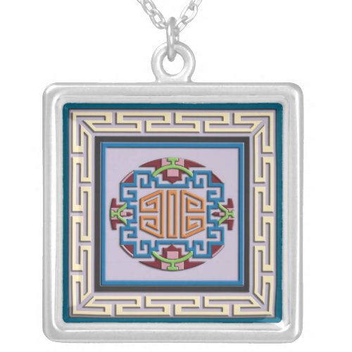 Tibetan square ornament silver plated necklace
