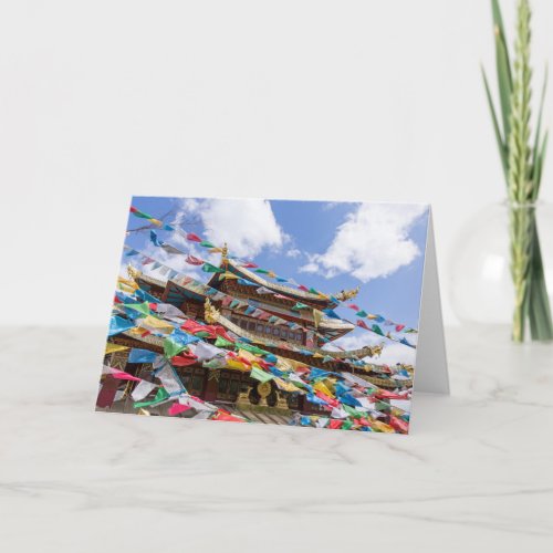 Tibetan Temple with prayer flags _ Yunnan China Card