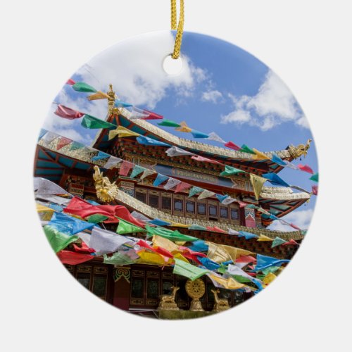 Tibetan Temple with prayer flags _ Yunnan China Ceramic Ornament