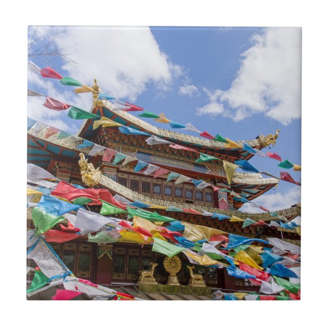 Tibetan Temple with prayer flags - Yunnan, China Ceramic Tile (Front)