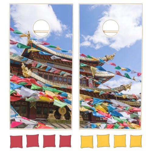 Tibetan Temple with prayer flags _ Yunnan China Cornhole Set