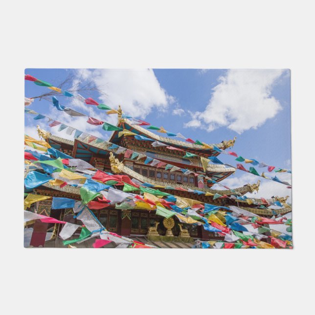 Tibetan Temple with prayer flags - Yunnan, China Doormat (Front)