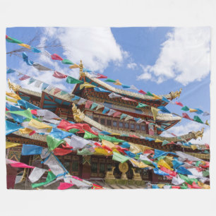 Tibetan Temple with prayer flags - Yunnan, China Fleece Blanket