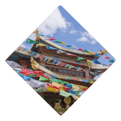 Tibetan Temple with prayer flags _ Yunnan China Graduation Cap Topper