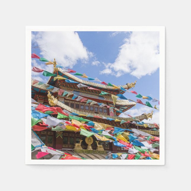 Tibetan Temple with prayer flags - Yunnan, China Napkins (Front)