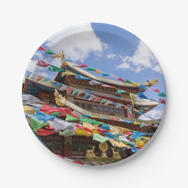 Tibetan Temple with prayer flags - Yunnan, China Paper Plates (Front)