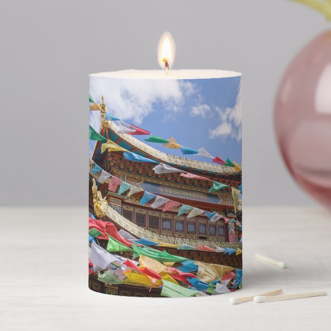 Tibetan Temple with prayer flags - Yunnan, China Pillar Candle (In Situ)