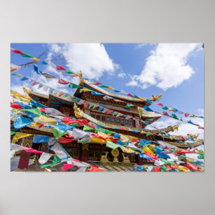 Tibetan Temple with prayer flags - Yunnan, China Poster