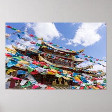 Tibetan Temple with prayer flags - Yunnan, China Poster