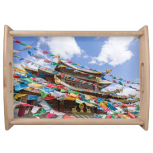 Tibetan Temple with prayer flags - Yunnan, China Serving Tray