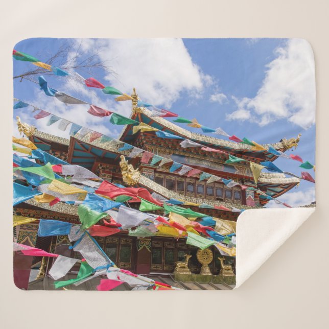 Tibetan Temple with prayer flags - Yunnan, China Sherpa Blanket (Front (Horizontal))