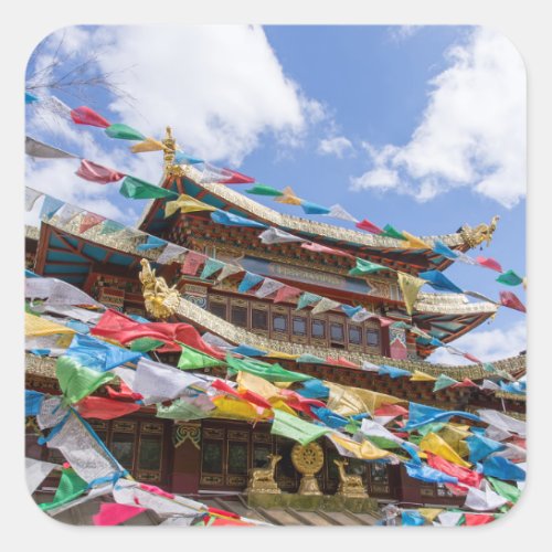 Tibetan Temple with prayer flags _ Yunnan China Square Sticker