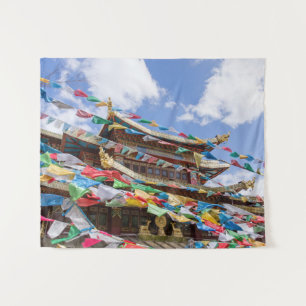Tibetan Temple with prayer flags - Yunnan, China Tapestry
