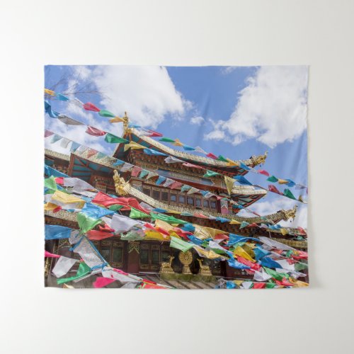 Tibetan Temple with prayer flags _ Yunnan China Tapestry