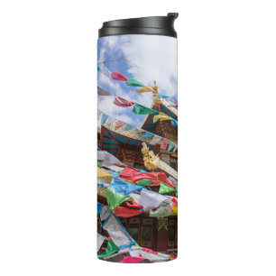 Tibetan Temple with prayer flags - Yunnan, China Thermal Tumbler