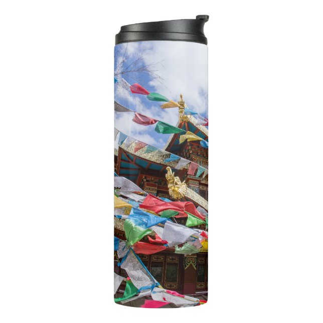 Tibetan Temple with prayer flags - Yunnan, China Thermal Tumbler (Rotated Left)