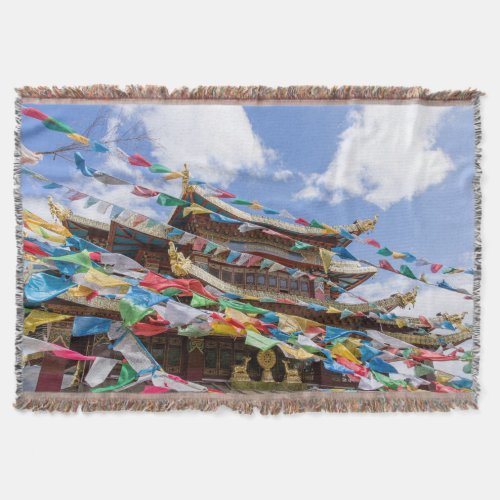 Tibetan Temple with prayer flags _ Yunnan China Throw Blanket