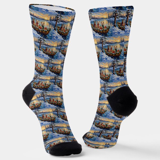 Tibetan Terrier Christmas Boat Holiday Socks (Angled)