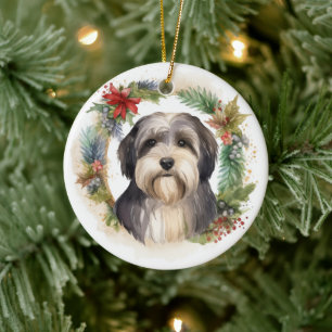 Tibetan Terrier Christmas Wreath Festive Pup  Ceramic Ornament