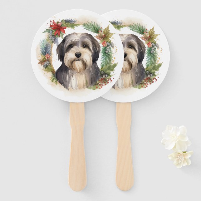 Tibetan Terrier Christmas Wreath Festive Pup  Hand Fan (Front and Back)