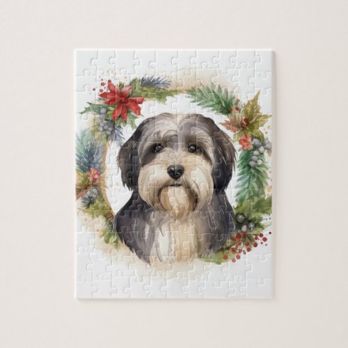 Tibetan Terrier Christmas Wreath Festive Pup  Jigsaw Puzzle