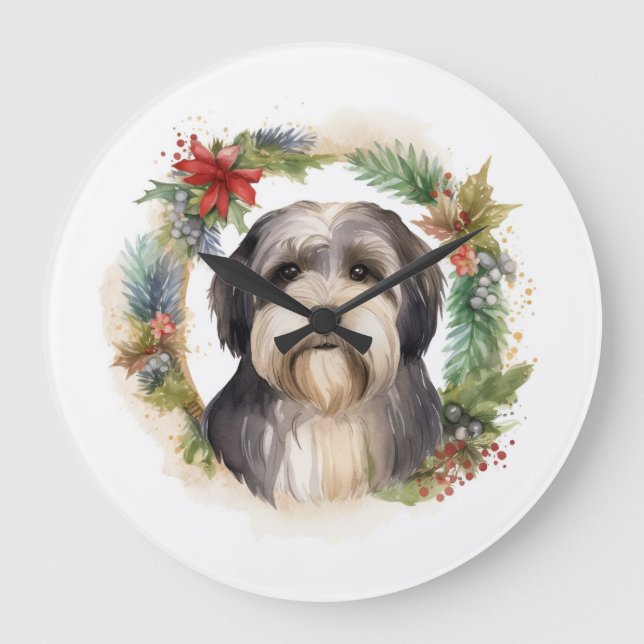 Tibetan Terrier Christmas Wreath Festive Pup  Large Clock (Front)