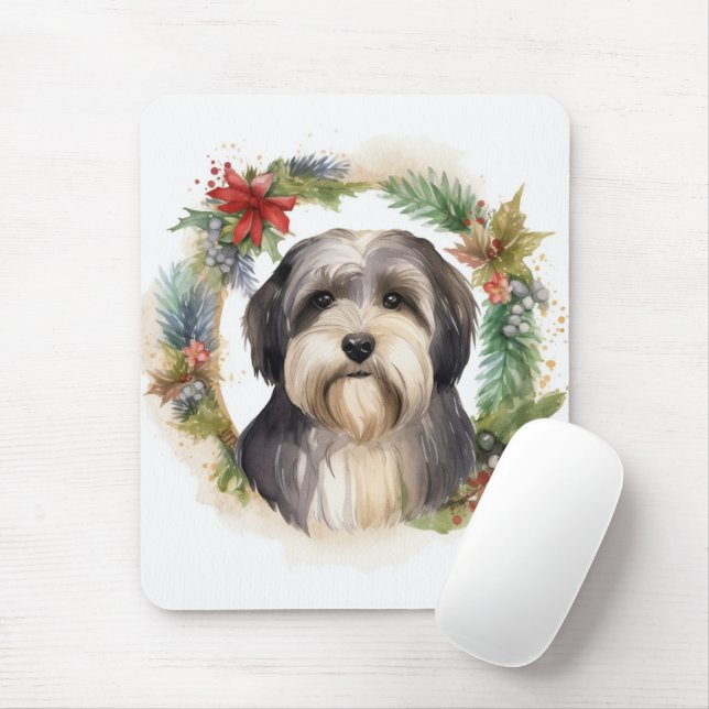 Tibetan Terrier Christmas Wreath Festive Pup  Mouse Pad (With Mouse)