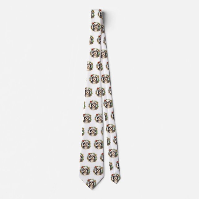 Tibetan Terrier Christmas Wreath Festive Pup  Neck Tie (Front)