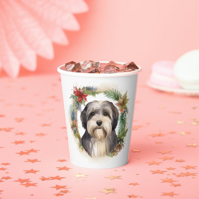 Tibetan Terrier Christmas Wreath Festive Pup  Paper Cups (Insitu)