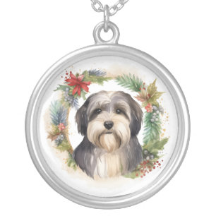 Tibetan Terrier Christmas Wreath Festive Pup Silver Plated Necklace
