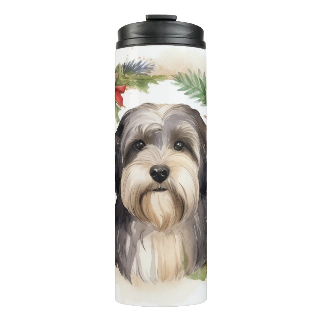 Tibetan Terrier Christmas Wreath Festive Pup  Thermal Tumbler (Front)