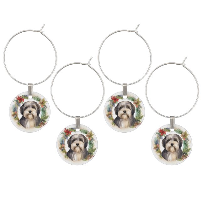 Tibetan Terrier Christmas Wreath Festive Pup  Wine Charm (Staggered)