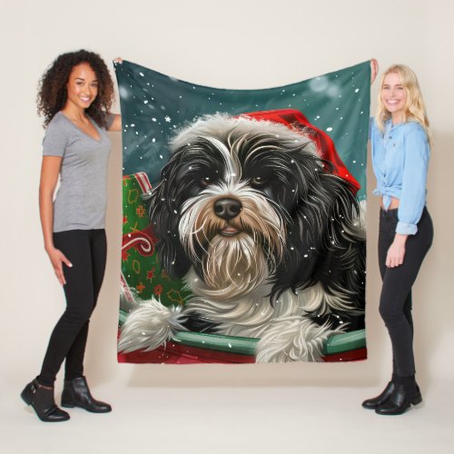 Tibetan Terrier Dog Christmas Festive  Fleece Blanket