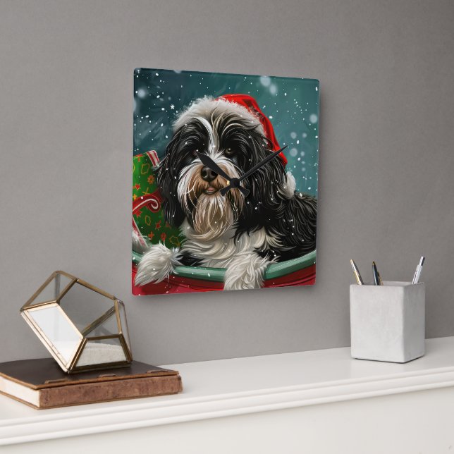 Tibetan Terrier Dog Christmas Festive  Square Wall Clock (Office)