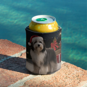 Tibetan Terrier Dog in Snow Christmas Can Cooler