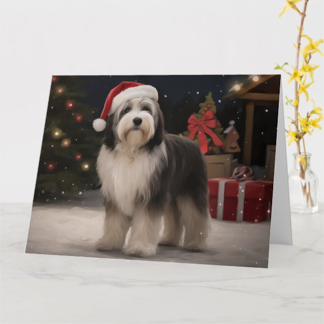 Tibetan Terrier Dog in Snow Christmas  Card (Yellow Flower)