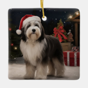 Tibetan Terrier Dog in Snow Christmas Ceramic Ornament