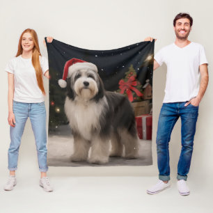 Tibetan Terrier Dog in Snow Christmas Fleece Blanket