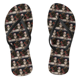 Tibetan Terrier Dog in Snow Christmas Flip Flops