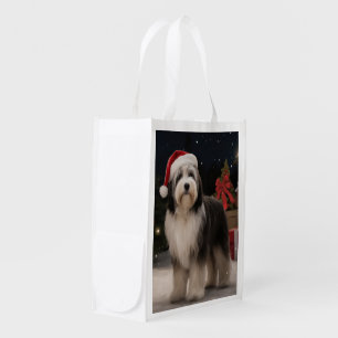 Tibetan Terrier Dog in Snow Christmas Grocery Bag