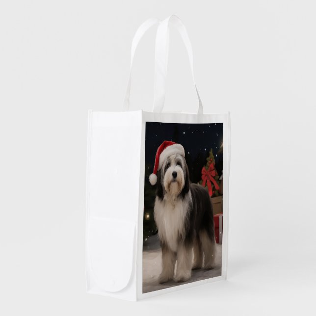 Tibetan Terrier Dog in Snow Christmas  Grocery Bag (Front Side)
