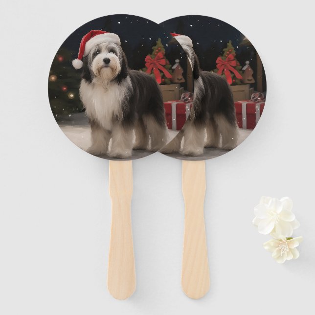 Tibetan Terrier Dog in Snow Christmas  Hand Fan (Front and Back)