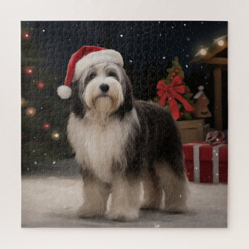 Tibetan Terrier Dog in Snow Christmas  Jigsaw Puzzle