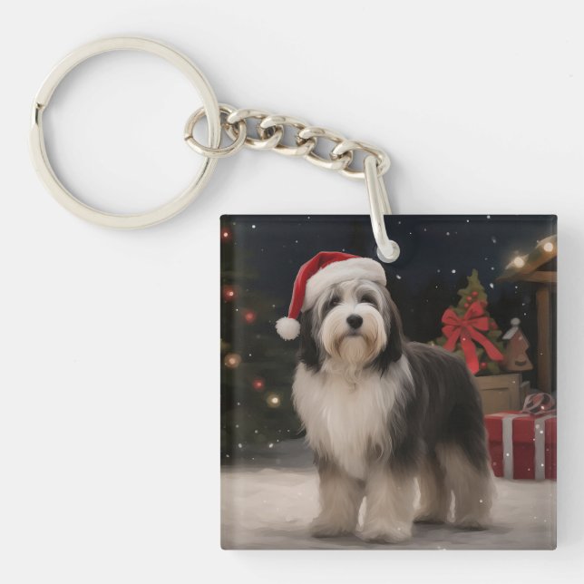 Tibetan Terrier Dog in Snow Christmas  Keychain (Front)