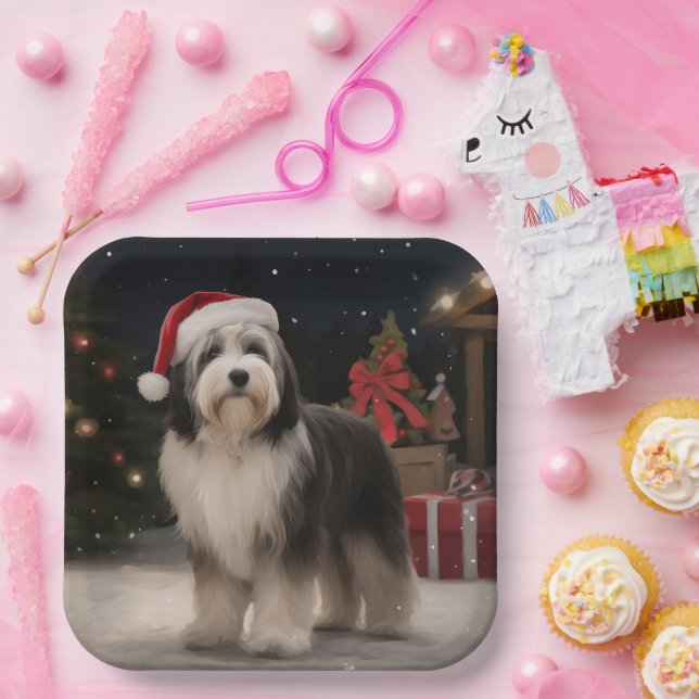 Tibetan Terrier Dog in Snow Christmas  Paper Plates (Party)