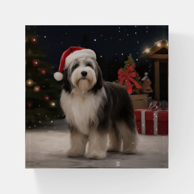 Tibetan Terrier Dog in Snow Christmas  Paperweight (Front)