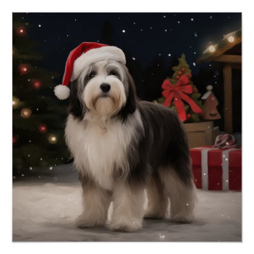 Tibetan Terrier Dog in Snow Christmas  Poster