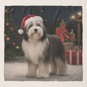 Tibetan Terrier Dog in Snow Christmas Scarf